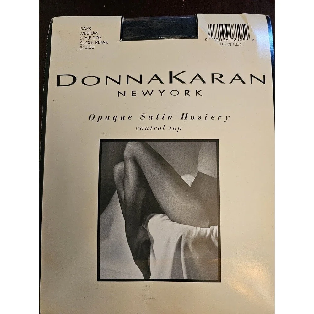 Vintage Donna Karan New York Opaque Satin Hosiery Control Top Bark Medium NIP
